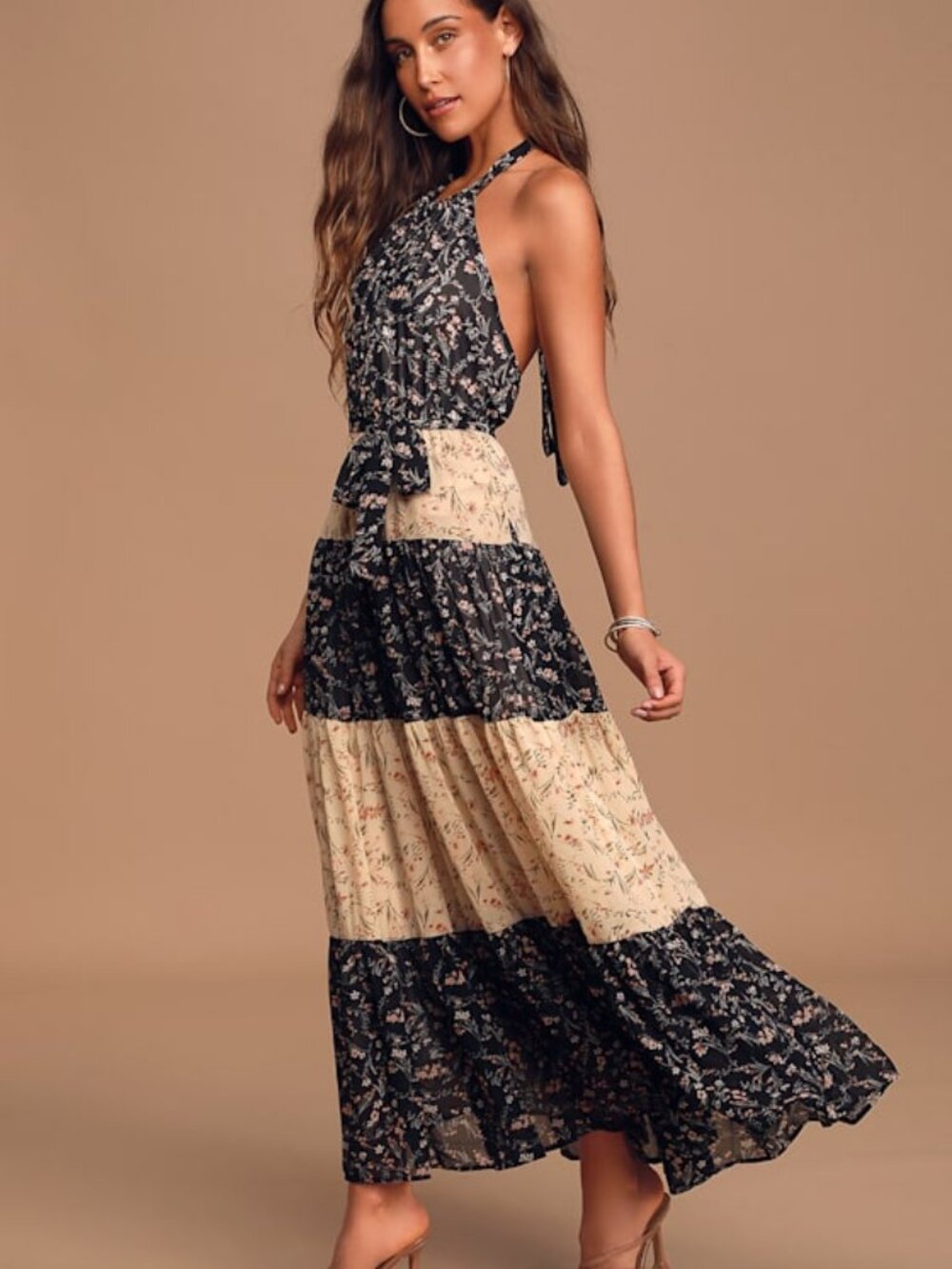 Lulus Mixed Message Black And Beige Floral Print Halter Maxi Dress - Size XL